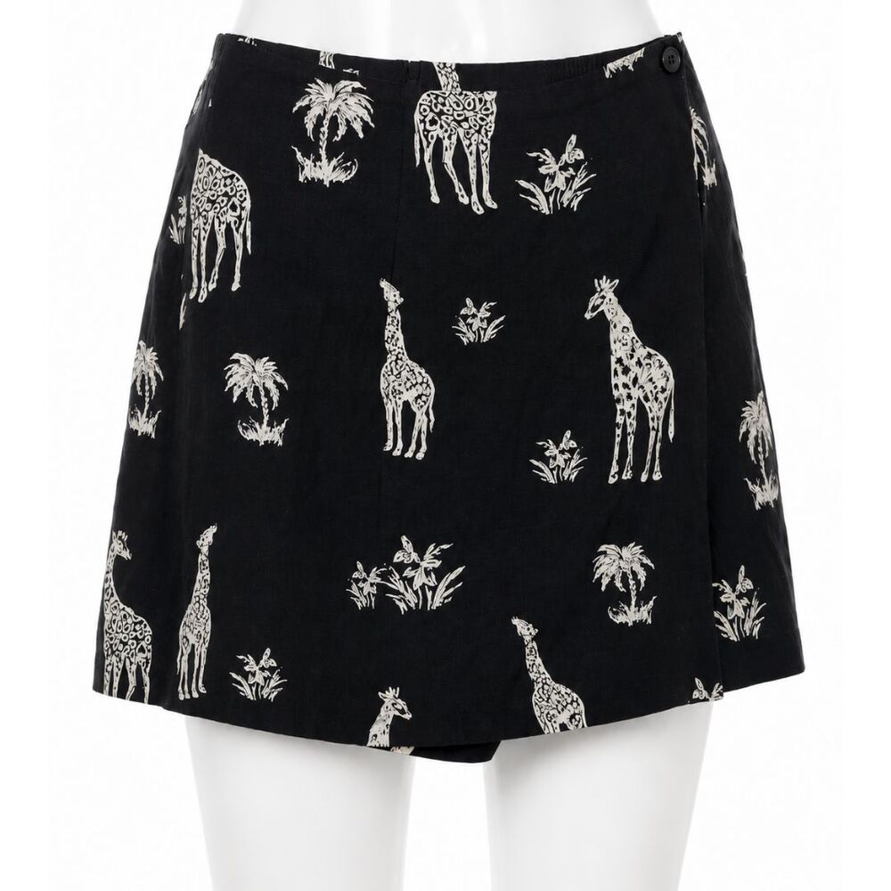 Vintage 90s Black Linen Feel Safari Giraffe Skort Large Anthropologie Style
